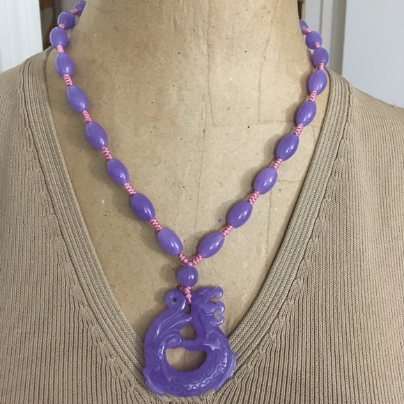 Carved Large Dragon Purple Jade Beaded Necklace